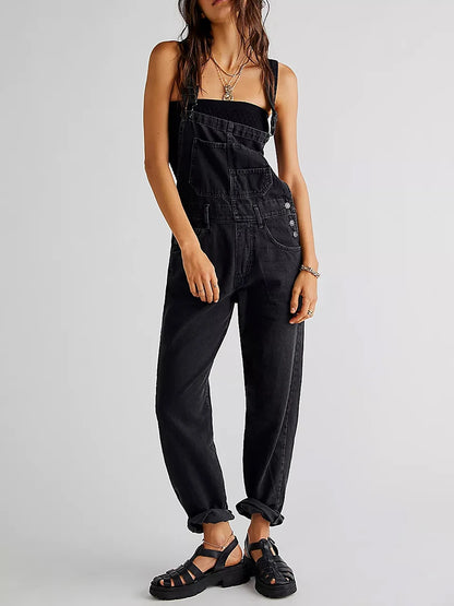 Women Spring Casual Wide Leg Denim Jumpsuits Loose Wide Strap Suspender Pocket Overalls Baggy Long Jeans Bib Pants Rompers