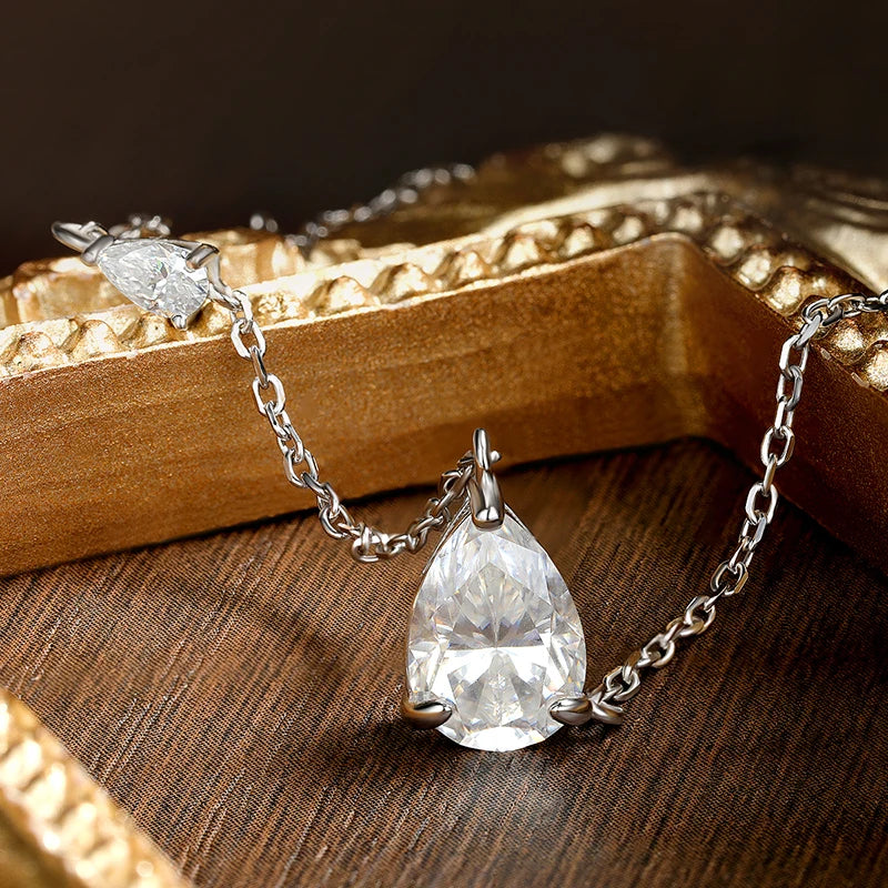 KNOBSPIN 2.35 CT Pear Cut All Moissanite Necklaces for Women D VVS1 Lab Diamond 2 Gems Pendant 100% 925 Sterling Silver Necklace
