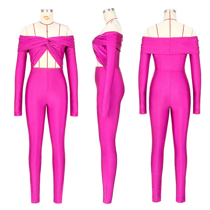 Sexy Off the Shoulder Birthday Jumpsuit for Women Night Club Outfit Party Hollow Out Ruched Skinny Long Sleeve Rompers Full Body