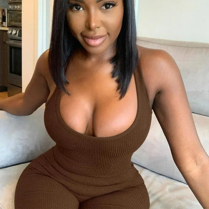 European Fashion Women's Solid Color Hollow Hanging Neck and Backless One-piece Sports Shorts with High Waist and Tight Fit