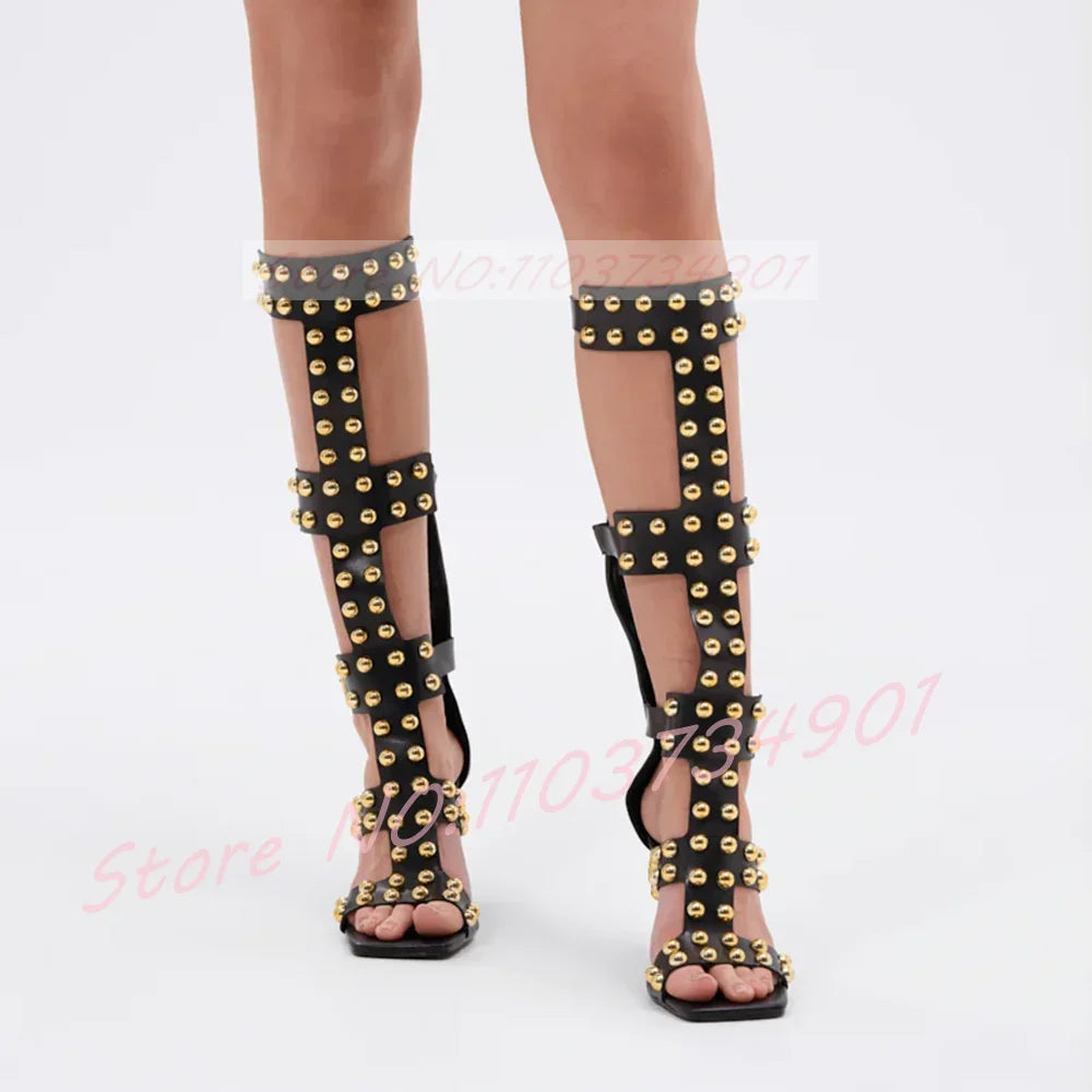 Gold Dome Studs Gladiator Sandals Women Party Open Toe Belt Buckle Rivets Knee High Shoes Female Sexy Black High Heels Sandals