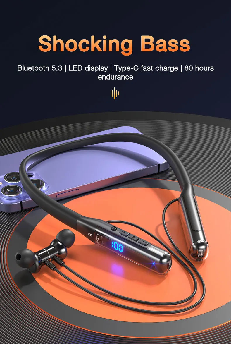 EARDECO 80 Hours Playback Bluetooth Headphone Neckband Wireless Headphones Bass Bluetooth Earphone with Mic Sport Stereo