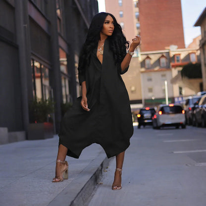 Women Plus Size Jumpsuit Business Casual Black Shirt Collar 3/4 Sleeve Pocket  Harem Pants Rompers Single Breasted Loose Outfits