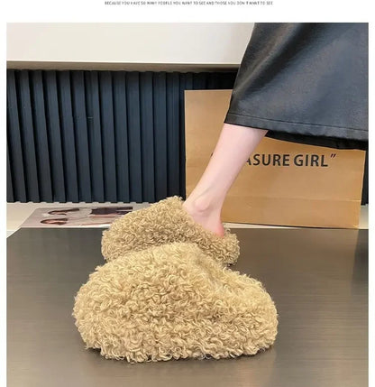 Thick Heel Luxury Lambwool Mules  Winter Shoes Woman Flip Flops Flat Cover Toe Slides Ins Warm Curly Lamb Fur Slippers Women
