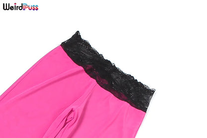 Weird Puss Patchwork Lace 2piece Sets Woman Summer Sexy Fungus Trim Spaghetti-Strap Tops+Chic Tierred Pants Party Skinny Outfits