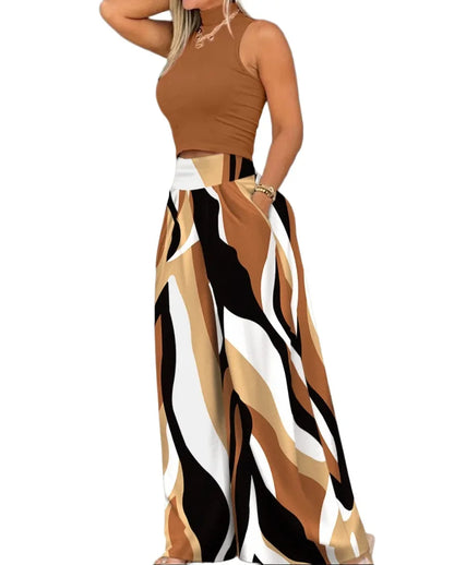 New Women Jumpsuits Loose Wide Leg Pants Overall Pants High Waist Vest Sleeveless Printed Fashion Casual 2024 Female 2 Piece Set