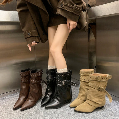 2025 Pointed Toe Women's Winter Boots Designer Mid Heels Elegant Shoes Pumps Fashion Boots New Trend Dress Gothic Ladies Boots