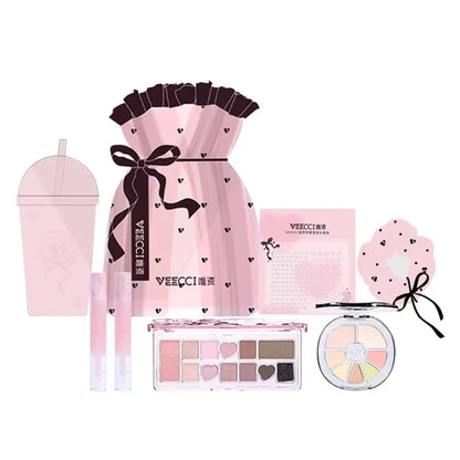 VEECCI Sweet Spicy Girl Ribbon Series Gift Box Makeup Kit Lipstick Eyeshadow Concealer Hair Rope Set Pink Delicate Cute Makeup