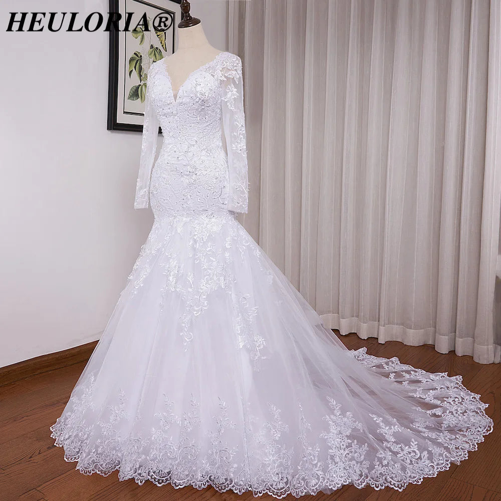 HEULORIA Mermaid Wedding Dresses long sleeve V neck bride dress lace applique beading wedding gown Robe de mariage customize