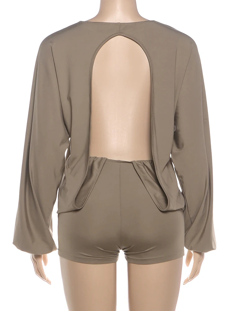 Weird Puss Sexy Backless Romper Women O-Neck Full Sleeve Hottie Simple Fashion Street Stretch Slim Midnight Clubwear Playsuit