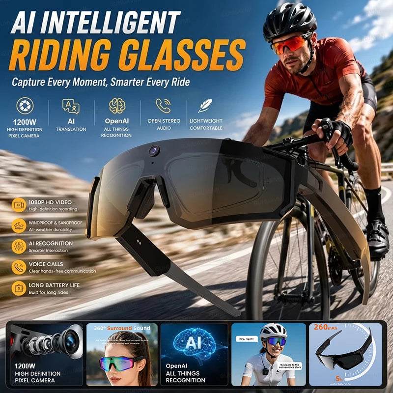 Outdoors Cycling AI Smart Glasses with Camera 1200P Video Recording Anti-Shake Shooting AI  Voice Translation Windproof Goggles