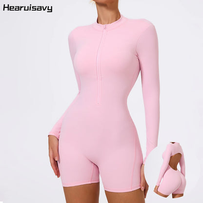 Summer V Back Scrunch One-Piece Suit Push Up Sports Jumpsuit Woman Fitness Zipper Overalls Workout Rompers Women Gym Bodysuits