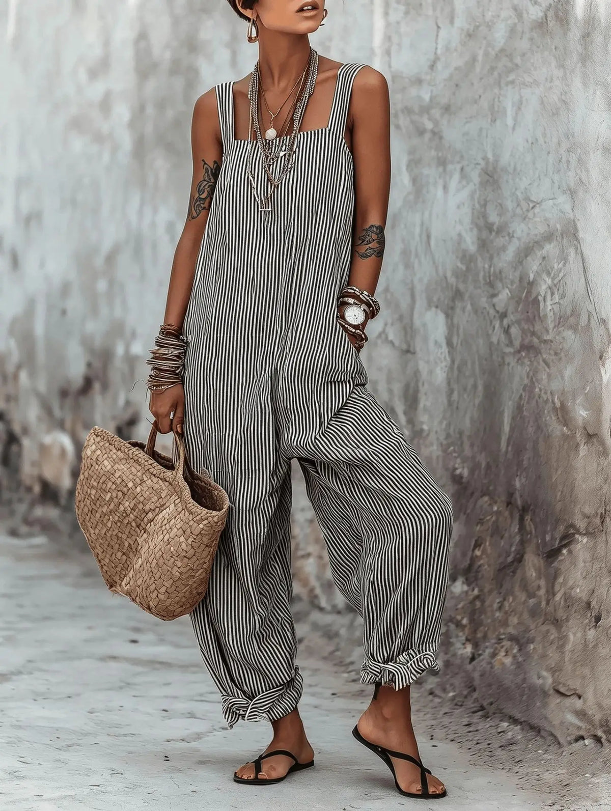 Women Print Striped Jumpsuits Sleeveless Square Neck Spliced Pocket Wide Leg Pants Casual One Piece Rompers Tank Summer 2026