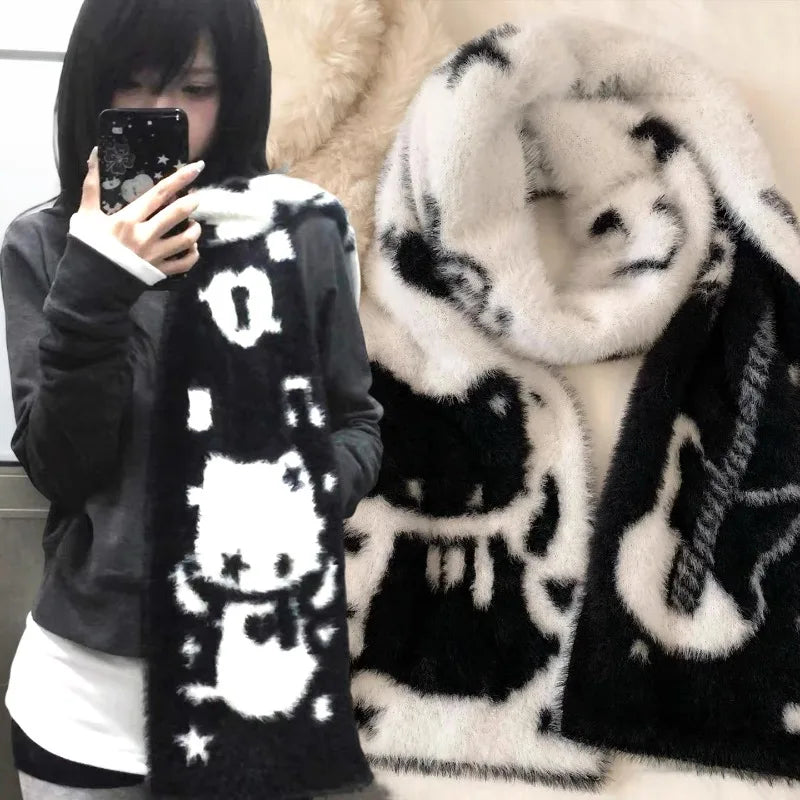 Y2K Guitar Cat Scarves for Women Winter Simulated Mink Fur Long Scarves Japanese Double-sided Knitted Long Luxury Mink Fur Wrap