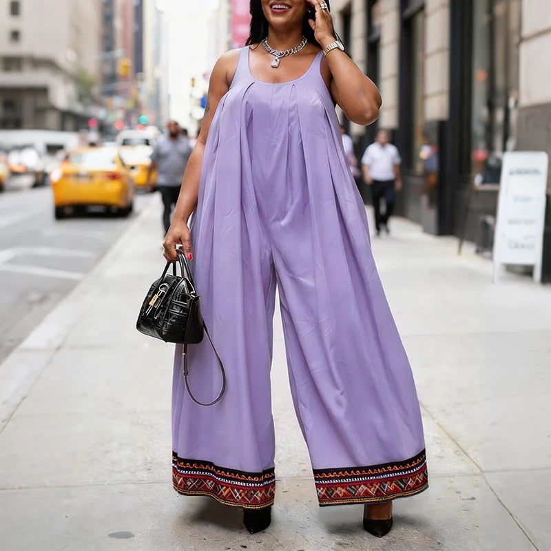 Plus Size VONDA 2026 Women Jumpsuits Sleeveless Patchwork Party Rompers Summer Beach Overalls Loose Bohemian Wide Leg Bottoms