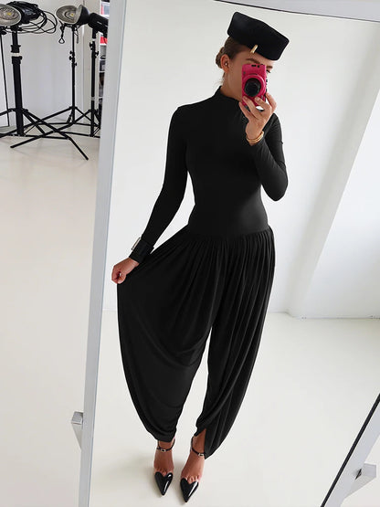 Whatiwear Casual Fashion Jumpsuits Woman Autumn Trend Turtleneck Full Sleeve Ruched Design Daily Simple Office Style Overalls