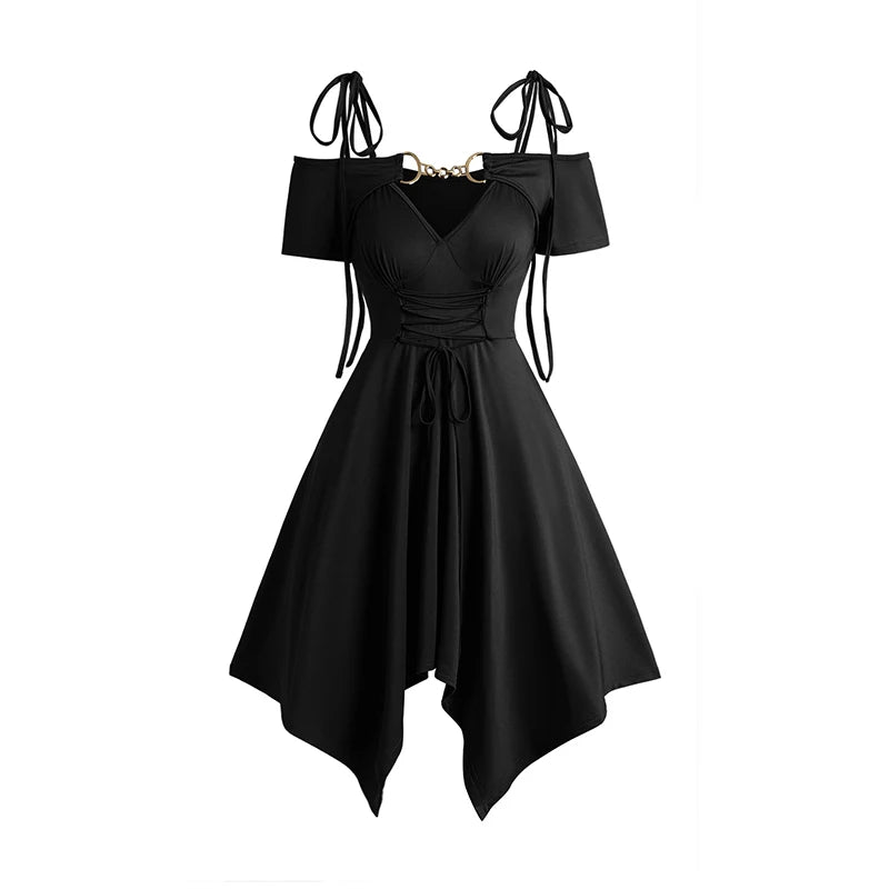 Dressfo 2025 Women's Black Dresses Cold Shoulder Lace Up Asymmetric Dress Tie Knot Shoulder Chain Solid Color Short Sleeve Dress