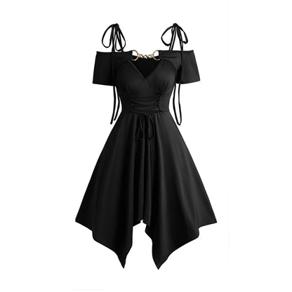 Dressfo 2025 Women's Black Dresses Cold Shoulder Lace Up Asymmetric Dress Tie Knot Shoulder Chain Solid Color Short Sleeve Dress