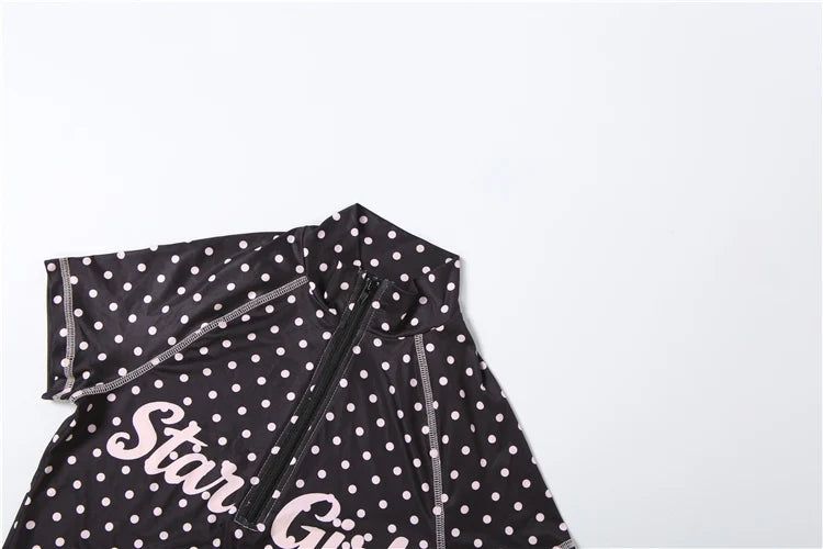 Kliou Polka Dot Print 2 Piece Set Woman Zip Turtleneck Short Sleeve Crop Tops+Skinny Shorts Street Sexy Fashion Style Outfits