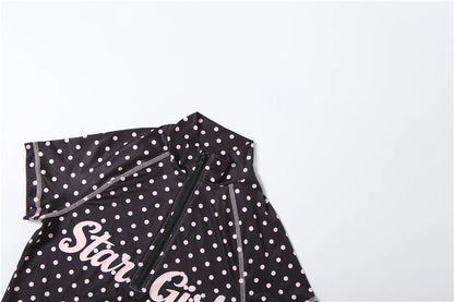 Kliou Polka Dot Print 2 Piece Set Woman Zip Turtleneck Short Sleeve Crop Tops+Skinny Shorts Street Sexy Fashion Style Outfits