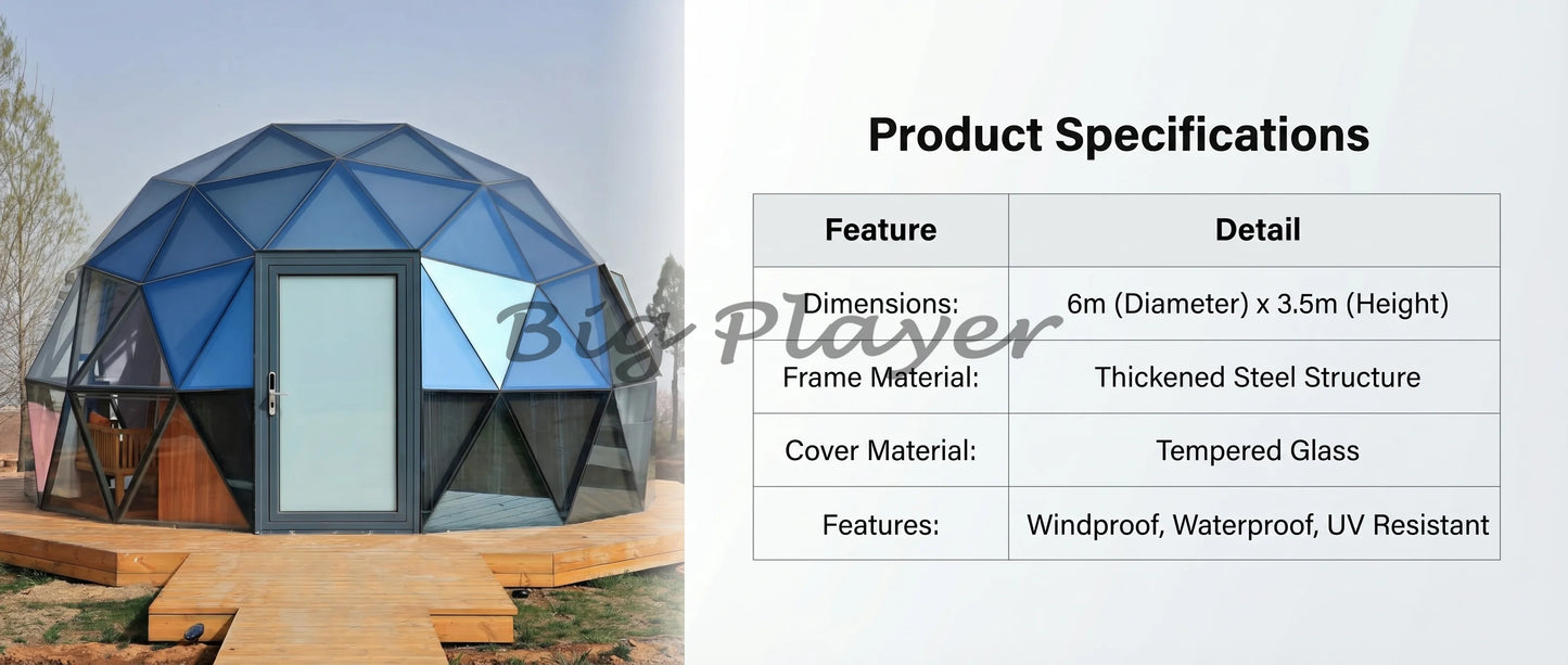 Hexagonal Tempered Glass Dome House, Geodesic Igloo Tent with Aluminum Frame, Luxury Outdoor Resort Round Camping Hotel Shelter