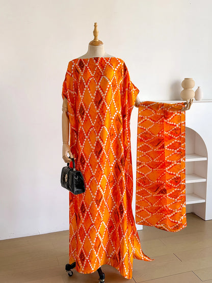 New Fashion Summer Dress With Big Scarf Dubai Turkey Kaftan Muslim Loose Abaya Women African Casual Flower Shawl Robe Moomoo