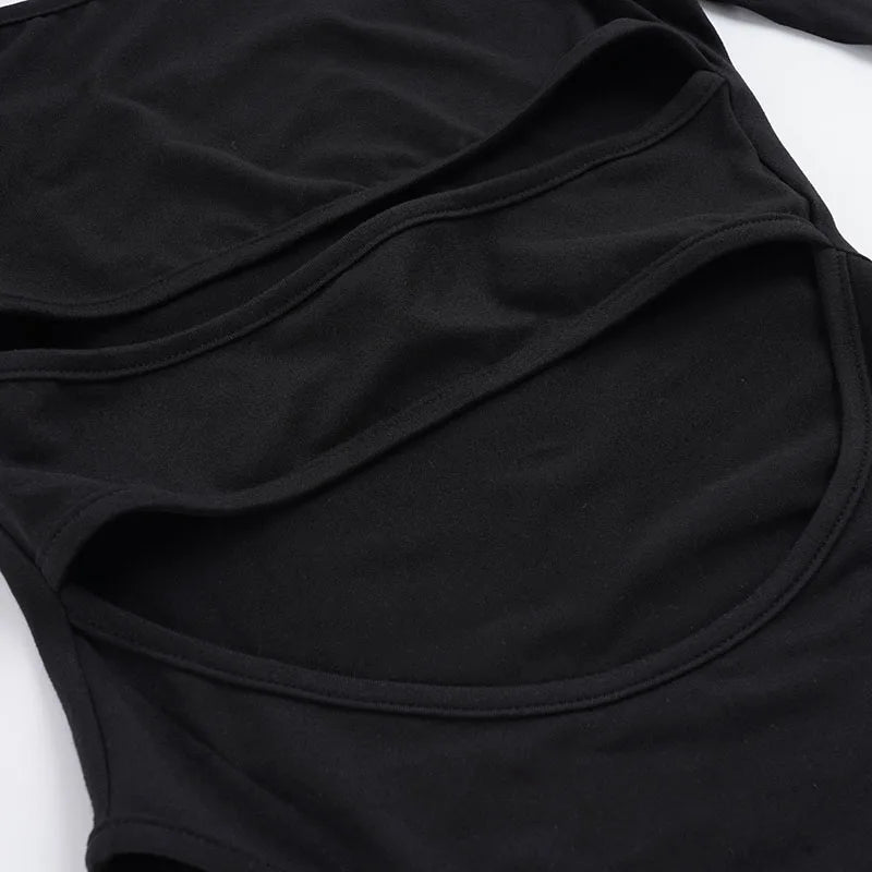 SUCHCUTE Sexy High-Neck Mesh Patchwork Jumpsuit Women Hollow One-piece Suit Streetwear Long Sleeve Bodysuits Skinny Rompers Y2k