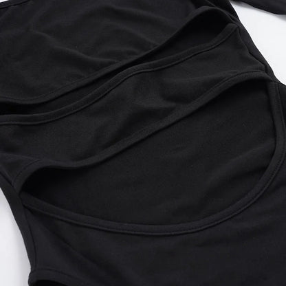 SUCHCUTE Sexy High-Neck Mesh Patchwork Jumpsuit Women Hollow One-piece Suit Streetwear Long Sleeve Bodysuits Skinny Rompers Y2k