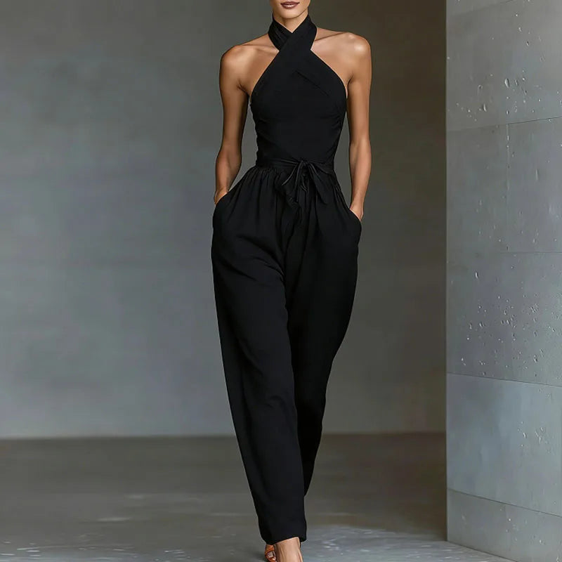 Chic Sexy Ciss Cross Halter Backless Jumpsuit Woman Spring Elegant Solid Tie Waist Romper Summer Hollow Wide Leg Pocket Overalls