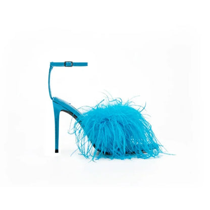Spring Summer New Star Same Style Women's Blue Feather High Heels Versatile Strap Pointed Thin Heel Sandals