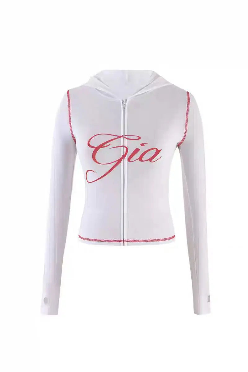 new shoulder letter printed open thread design slim fit hooded zipper short jacket shorts set