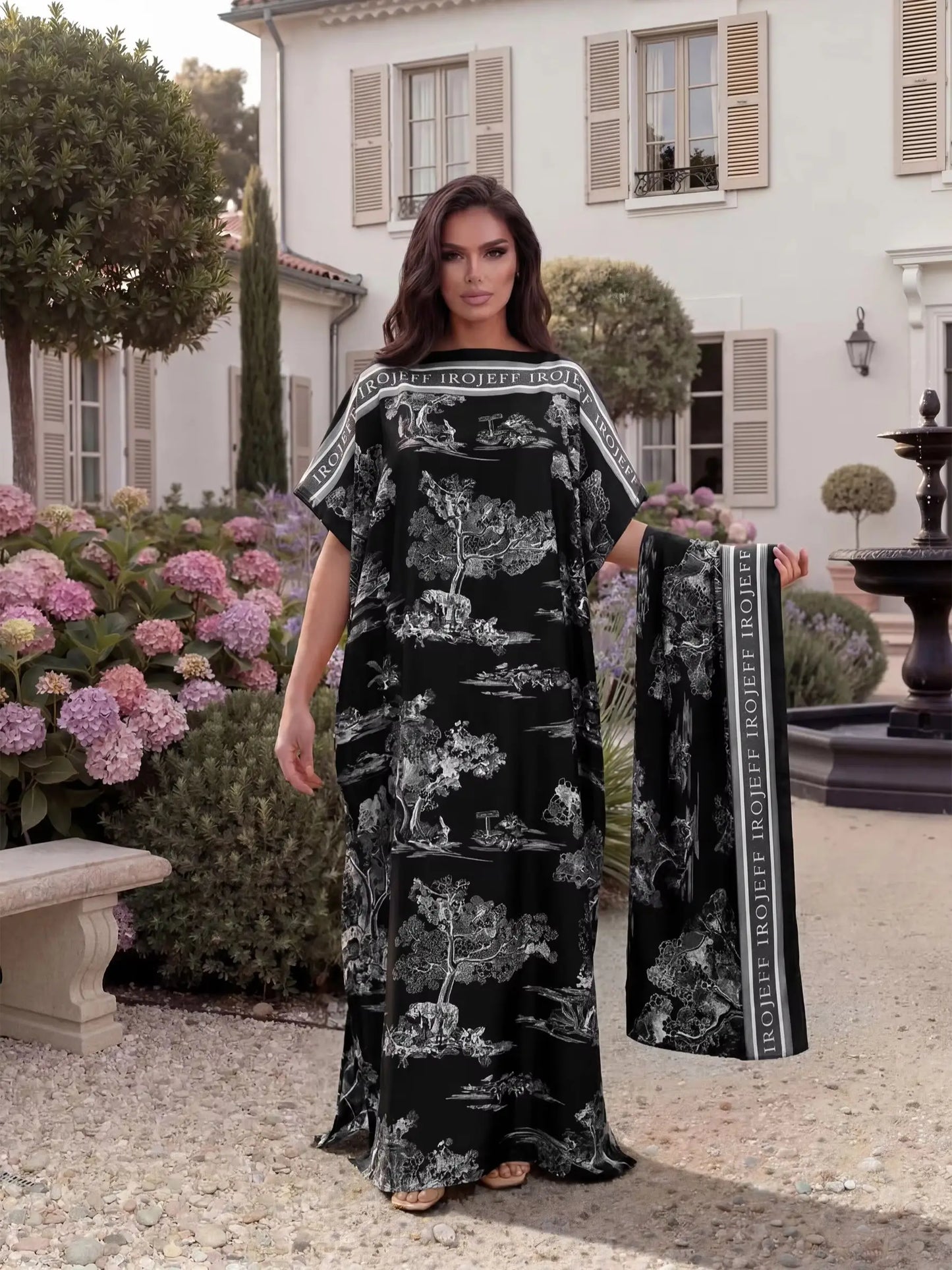 Vintage Landscape Print Satin Abaya Scarf Set, Loose Batwing Maxi Kaftan Modest Dress for Muslim Women Summer Daily Holiday Wear