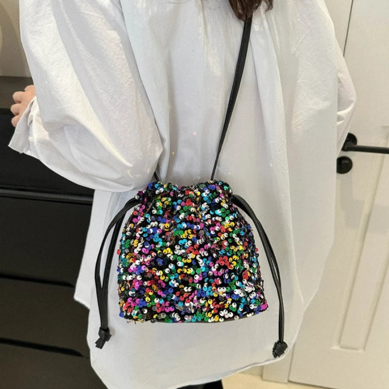 Shiny Sequin Drawstring Shoulder Bags for Women, Mini Crossbody Purse ,Sparkly Evening Handbag Suitable for Party Night Out