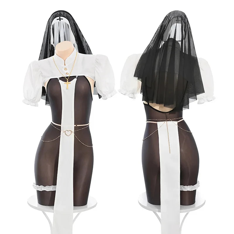 Sexy Nun Uniform Cosplay Halloween Costume Lingerie Open Crotch Jumpsuit Black See Though Tight Bodysuit Women Bodystocking