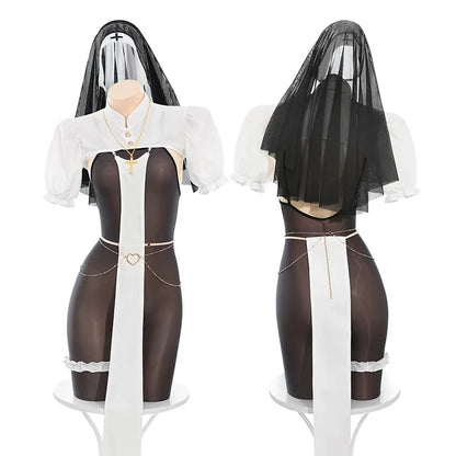 Sexy Nun Uniform Cosplay Halloween Costume Lingerie Open Crotch Jumpsuit Black See Though Tight Bodysuit Women Bodystocking