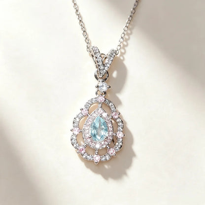 925 Sterling Silver Light Luxury Fashion Light Blue Zircon Micro-set Pink Diamond Water Drop Ladies Necklace