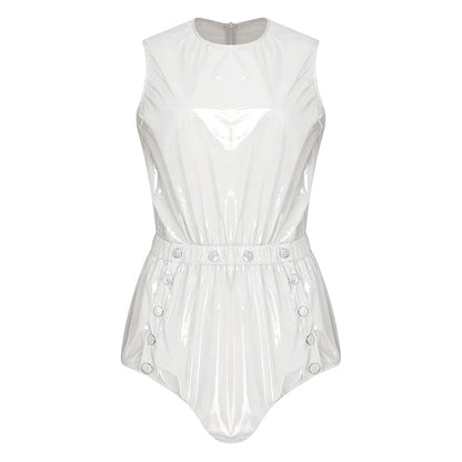 Womens Glossy Waterproof Diaper Cover Sling Bodysuit Waistband Drawstring Legs One-piece Cami Rompers Adaptive Short Jumpsuit