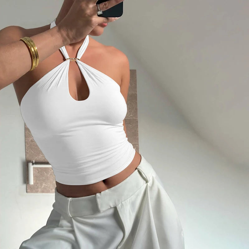 Hugcitar Women Fashion Halter Solid Loop Backless Bandage Sexy Crop Tank Top 2025 Summer Casual Clothes Streetwear Vacation Club