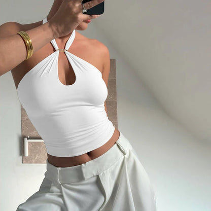 Hugcitar Women Fashion Halter Solid Loop Backless Bandage Sexy Crop Tank Top 2025 Summer Casual Clothes Streetwear Vacation Club