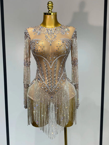Women Sexy Mesh See Through Performance Dance Nightclub Rompers Singer Stage Outfit Sparkly Rhinestone Bodysuit Birthday Wear