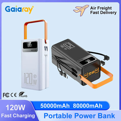 Gaiaray 50000mAh 80000mAh Portable Power Bank 120W Fast Charging Power Station Emergency Power Bank LED Charger for Home Camping