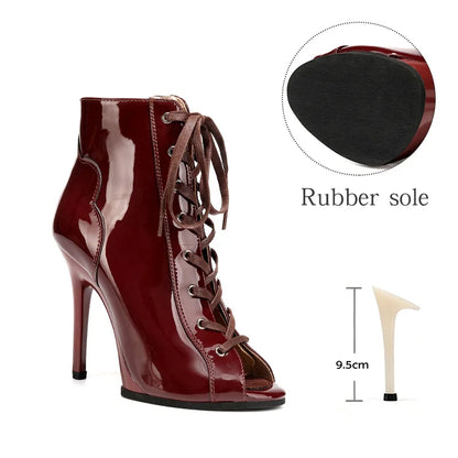 Women Sexy Thin High Heel Dance Shoes Party Ballroom Pole Jazz Lace Up Platform Dancing Boots Short Tube Heels 8.5/9.5CM Booties