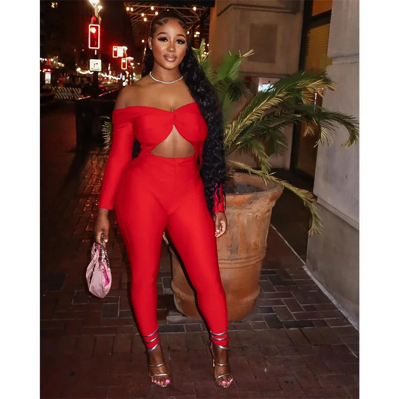 Sexy Off the Shoulder Birthday Jumpsuit for Women Night Club Outfit Party Hollow Out Ruched Skinny Long Sleeve Rompers Full Body