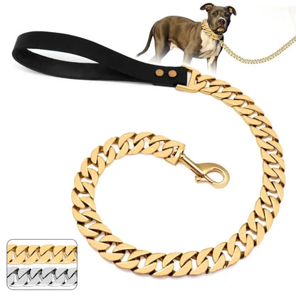 Traction Solid Super Strong Gold Collar Stainles Steel Dog Leash Pet Lead Chain 32mm 19mm Bulldog Pitbull Large Dog Collar Leash