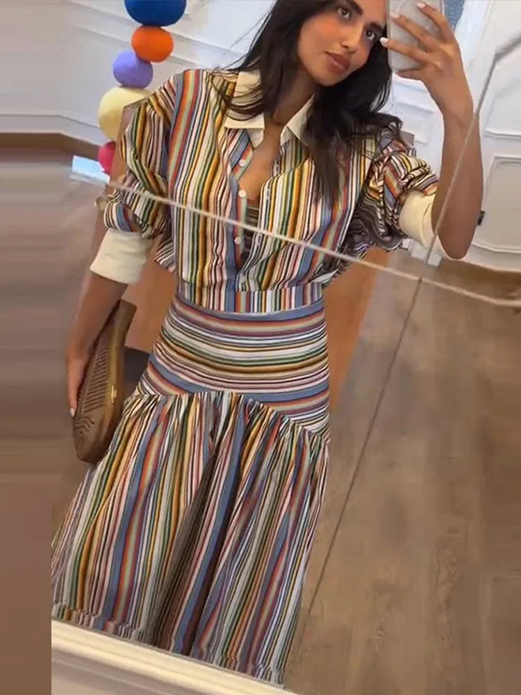 Elegant Colorful Stripe Shirt Skirt Set Women 2026 Puff Sleeve Lapel Shirts High Waist Long Skirts Autumn Lady All-matching Suit
