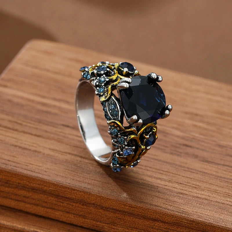 Gold Color Leaf Shaped Inlaid Blue Synthetic Zirconia Ring Suitable for Women's Banquets Engagements Jewelry Accessories Gifts