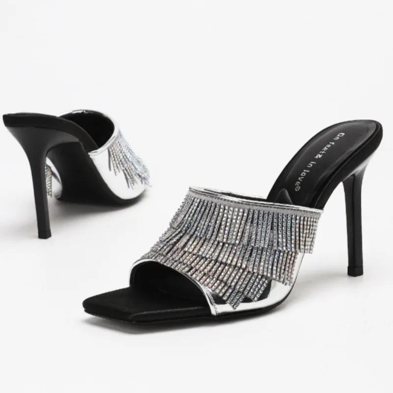 Sexy Rhinestone Designer Thin Heeled Slippers Women Open Toe 2026 New Elegant Party Dress Shoes Tassel Luxury High Heels Sandals