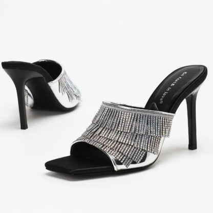 Sexy Rhinestone Designer Thin Heeled Slippers Women Open Toe 2026 New Elegant Party Dress Shoes Tassel Luxury High Heels Sandals