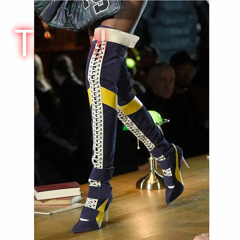 Women Patchwork Suede Leather Thigh High Boots Stiletto Heel Over Knee Boots Belt Slim Long High Heels Club Dress Party Shoes
