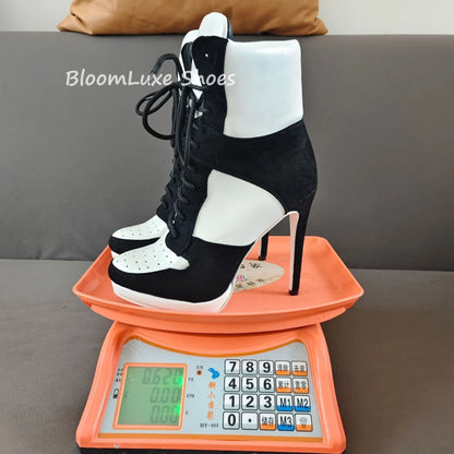 Round Toe Sports Lace Up Women's Short Boots 2026 Thick Sole Mixed Color Stilettos Autumn Winter New Street Style Casual Rock Bo